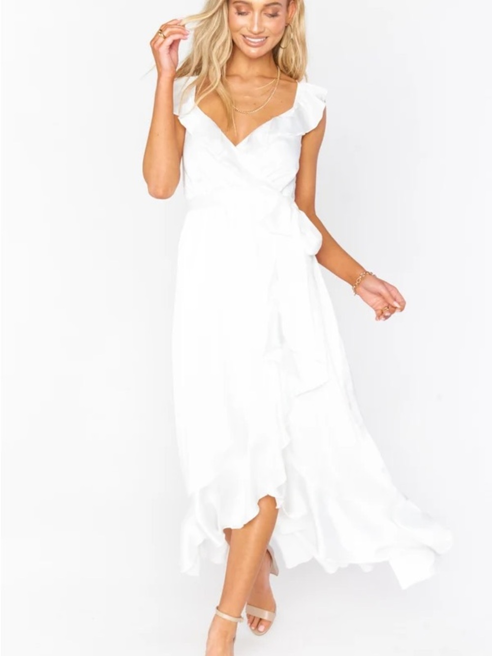 NWT Show Me Your Mumu Samantha Ruffle Wrap Dress Midi White Satin XS